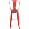 30" High Red Metal Barstool with Back and Wood Seat