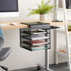 Safco Onyx 4-tray underdesk storage installed on sit-stand desk