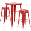 23.75'' Square Red Metal Indoor-Outdoor Bar Table Set with 2 Square Seat Backless Stools