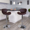 Contemporary Brown Vinyl Adjustable Height Barstool with Curved Back and Chrome Base