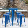 24'' Round Blue Metal Indoor-Outdoor Bar Table Set with 4 Square Seat Backless Stools
