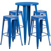 24'' Round Blue Metal Indoor-Outdoor Bar Table Set with 4 Square Seat Backless Stools