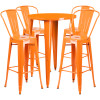 30'' Round Orange Metal Indoor-Outdoor Bar Table Set with 4 Cafe Stools