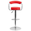 Contemporary Red Vinyl Adjustable Height Barstool with Arms and Chrome Base