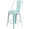 24'' High Distressed Green-Blue Metal Indoor-Outdoor Counter Height Stool with Back