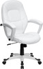 Mid-Back White Leather Tapered Back Executive Swivel Office Chair with White Base and Arms