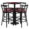 24'' Round Mahogany Laminate Table Set with Round Base and 4 Two-Slat Ladder Back Metal Barstools - Burgundy Vinyl Seat