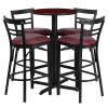 24'' Round Mahogany Laminate Table Set with X-Base and 4 Two-Slat Ladder Back Metal Barstools - Burgundy Vinyl Seat