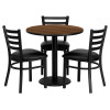 30'' Round Walnut Laminate Table Set with 3 Ladder Back Metal Chairs - Black Vinyl Seat