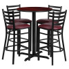 30'' Round Mahogany Laminate Table Set with X-Base and 4 Ladder Back Metal Barstools - Burgundy Vinyl Seat