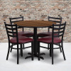 36'' Round Walnut Laminate Table Set with X-Base and 4 Ladder Back Metal Chairs - Burgundy Vinyl Seat