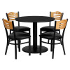 36'' Round Black Laminate Table Set with 4 Wood Slat Back Metal Chairs - Black Vinyl Seat