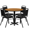 36'' Round Natural Laminate Table Set with X-Base and 4 Black Trapezoidal Back Banquet Chairs