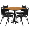 36'' Square Natural Laminate Table Set with X-Base and 4 Black Trapezoidal Back Banquet Chairs