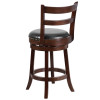 26'' High Cappuccino Wood Counter Height Stool with Single Slat Ladder Back and Black Leather Swivel Seat