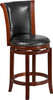 26'' High Dark Chestnut Wood Counter Height Stool with Panel Back and Black Leather Swivel Seat