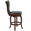 26'' High Cappuccino Wood Counter Height Stool with Button Tufted Back and Black Leather Swivel Seat