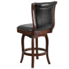 26'' High Cappuccino Wood Counter Height Stool with Button Tufted Back and Black Leather Swivel Seat