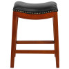 26'' High Backless Light Cherry Wood Counter Height Stool with Black Leather Saddle Seat