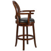 30'' High Expresso Wood Barstool with Arms, Woven Rattan Back and Black Leather Swivel Seat