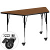 Mobile 25''W x 45''L Trapezoid Oak HP Laminate Activity Table - Standard Height Adjustable Legs