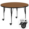 Mobile 42'' Round Oak Thermal Laminate Activity Table - Height Adjustable Short Legs