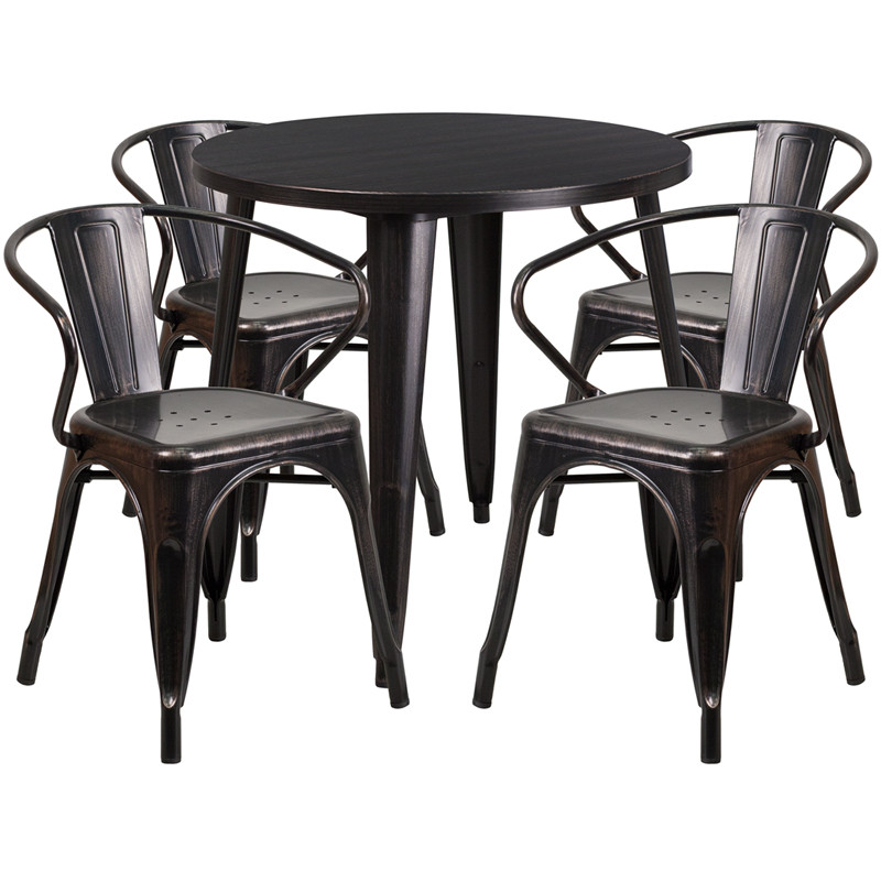 30 Round Black Antique Gold Metal Indoor Outdoor Table Set With 4 Arm Chairs