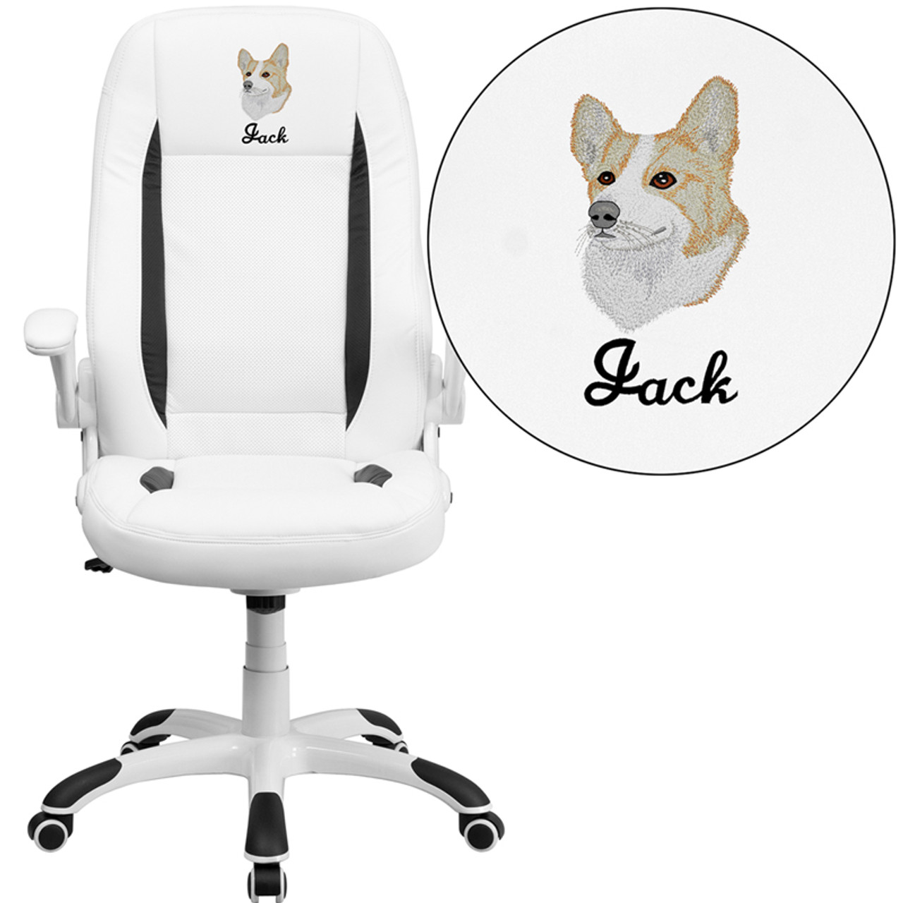 Embroidered High Back White Leather Executive Swivel Ergonomic Office Chair With Flip Up Arms