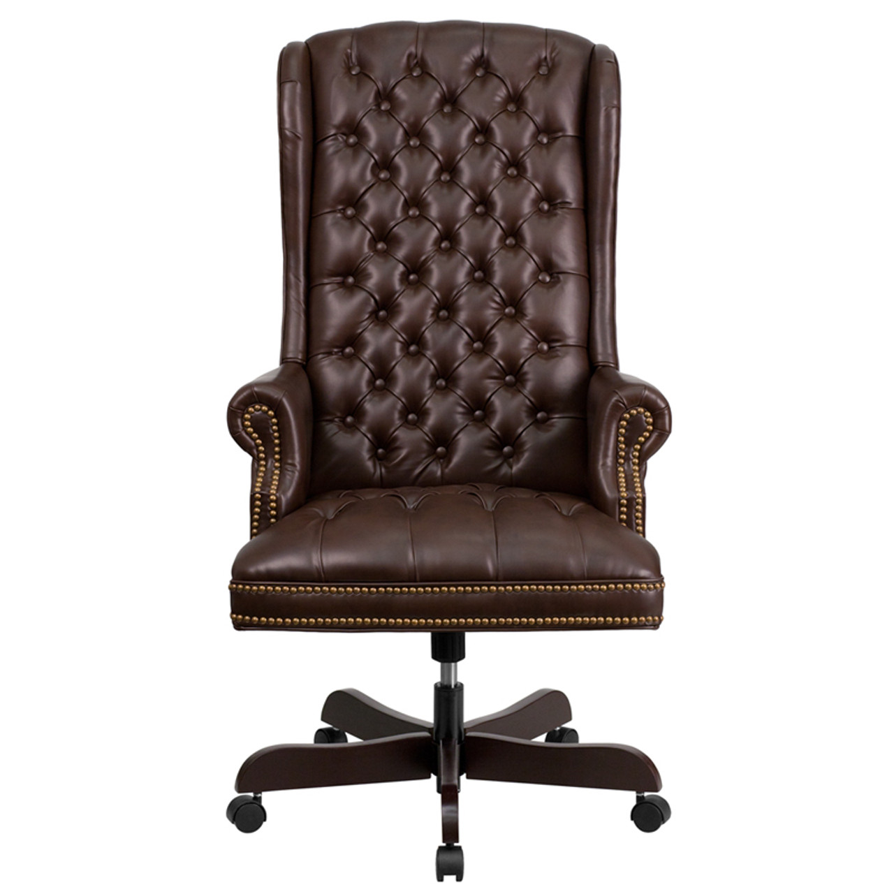 High Back Traditional Fully Tufted Brown Leather Executive Swivel