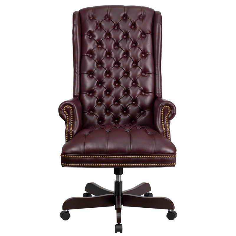 High Back Traditional Fully Tufted Burgundy Leather Executive