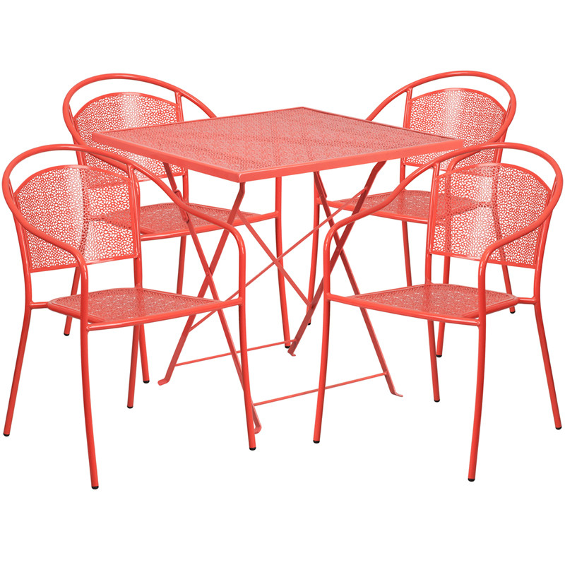 28 Square Coral Indoor Outdoor Steel Folding Patio Table Set With 4 Round Back Chairs