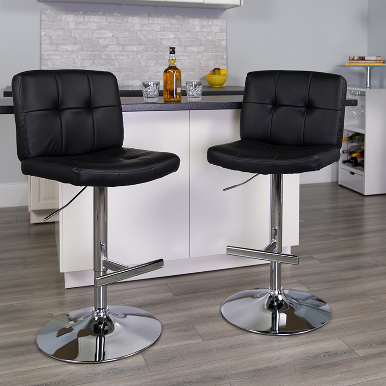 Contemporary Black Vinyl Adjustable Height Barstool With Chrome Base 