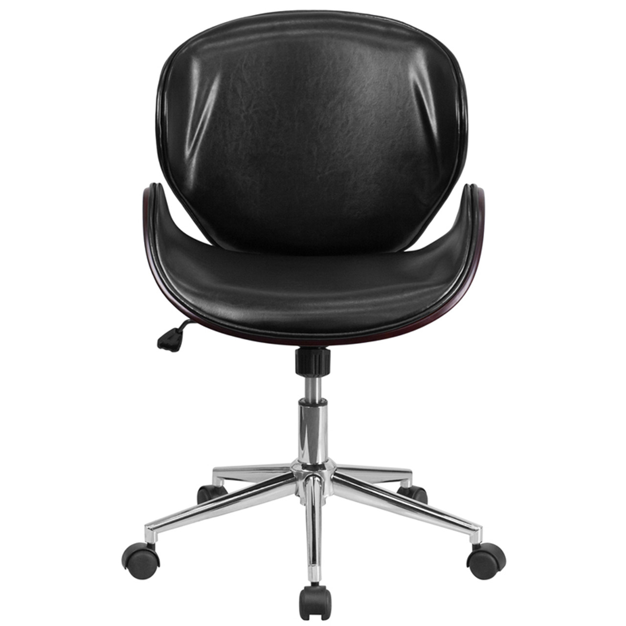 Mid Back Mahogany Wood Conference Office Chair in Black Leather