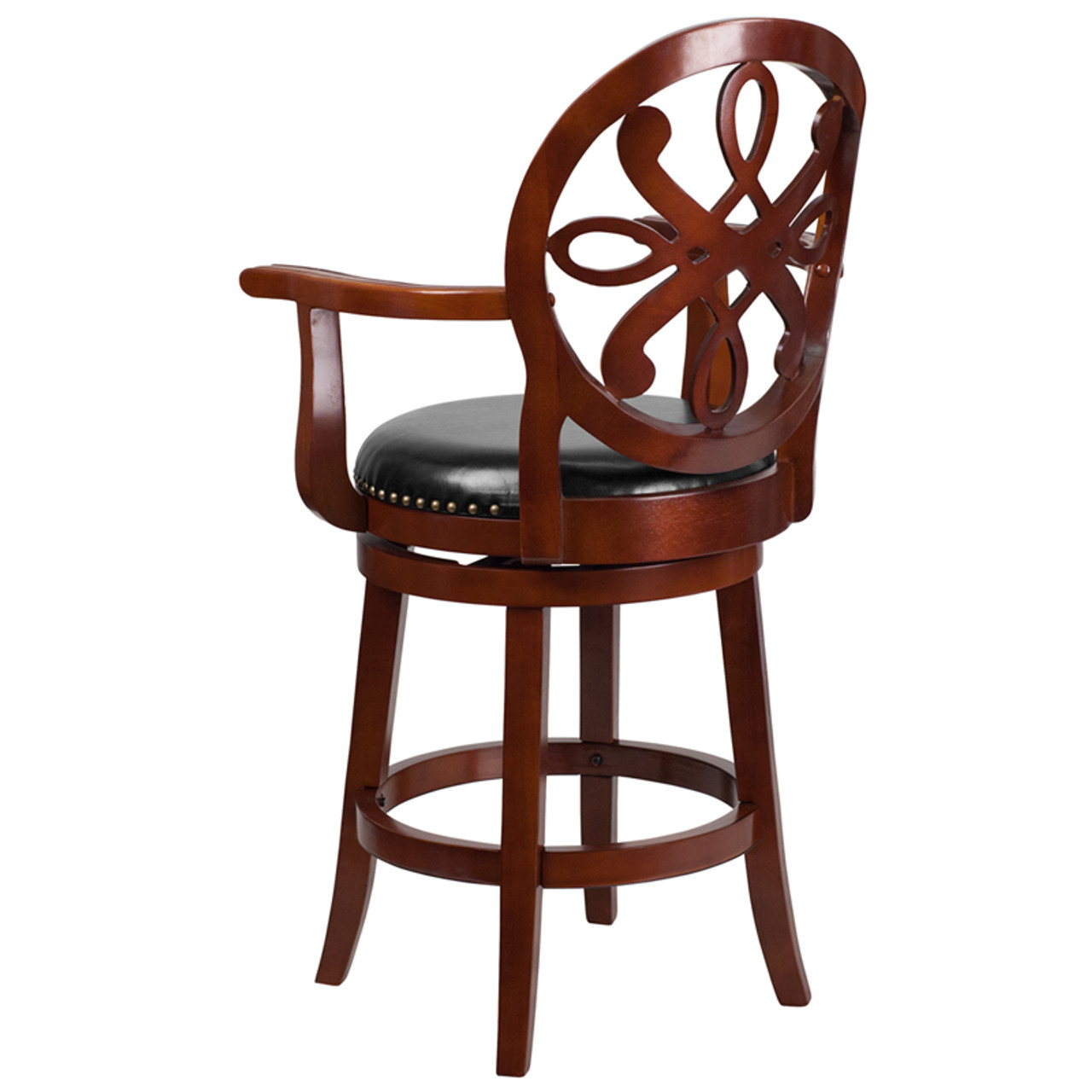 26'' High Cherry Wood Counter Height Stool with Arms and Black Leather... 