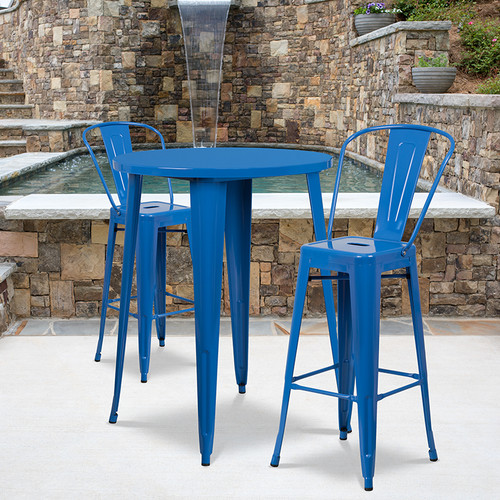30 Round Blue Metal Indoor Outdoor Bar Table Set With 4 Cafe Stools