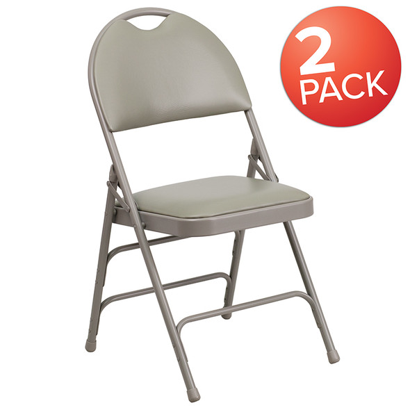 2 Pk. TYCOON Series Ultra-Premium Triple Braced Gray Vinyl Metal Folding Chair with Easy-Carry Handle