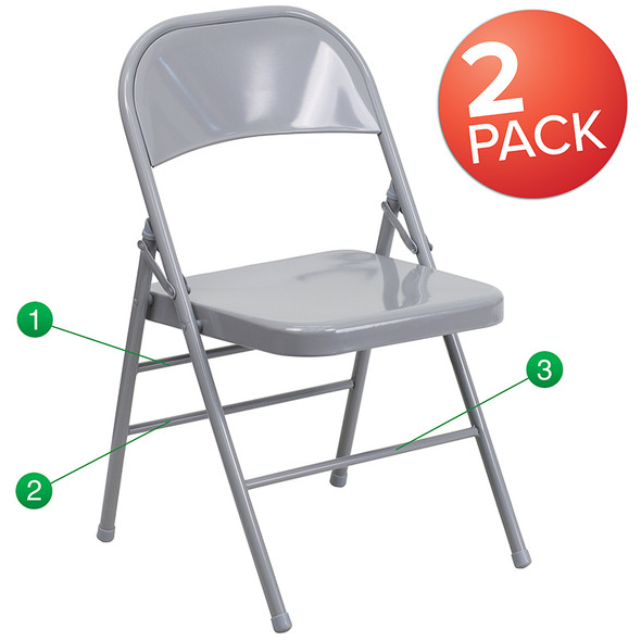 2 Pk. TYCOON Series Triple Braced & Double Hinged Gray Metal Folding Chair