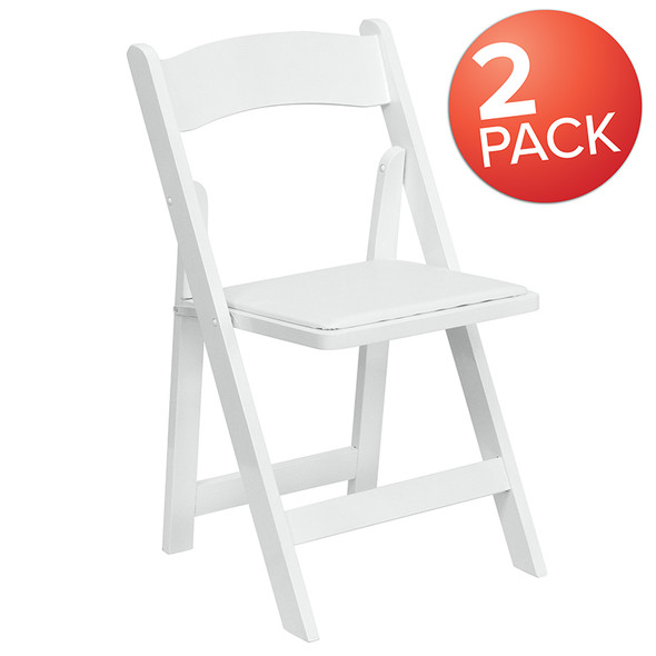 2 Pk. TYCOON Series White Wood Folding Chair with Vinyl Padded Seat