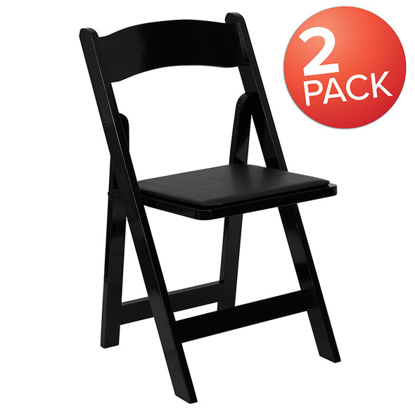 2 Pk. TYCOON Series Black Wood Folding Chair with Vinyl Padded Seat