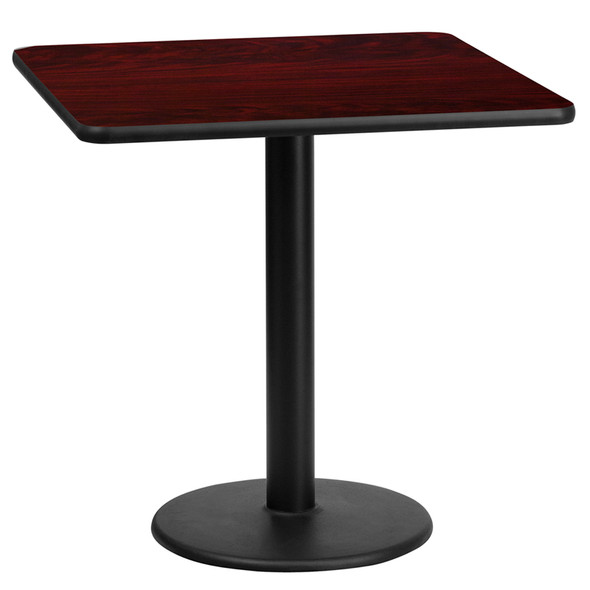 24'' Square Mahogany Laminate Table Top with 18'' Round Table Height Base