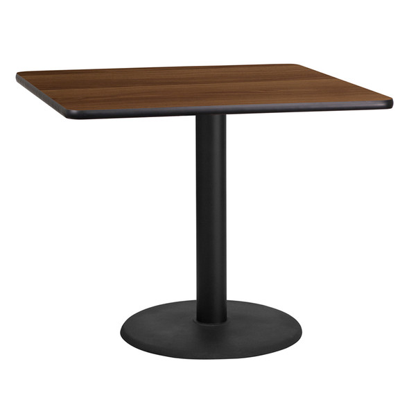 36'' Square Walnut Laminate Table Top with 24'' Round Table Height Base