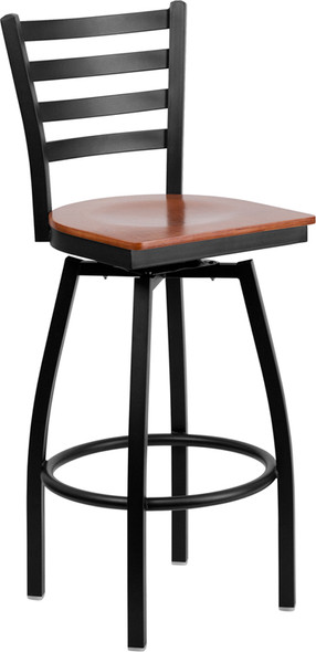 TYCOON Series Black Ladder Back Swivel Metal Barstool - Cherry Wood Seat