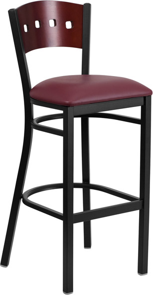 TYCOON Series Black 4 Square Back Metal Restaurant Barstool - Mahogany Wood Back, Burgundy Vinyl Seat