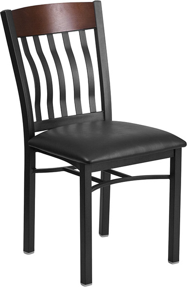 Eclipse Series Vertical Back Black Metal and Walnut Wood Restaurant Chair with Black Vinyl Seat