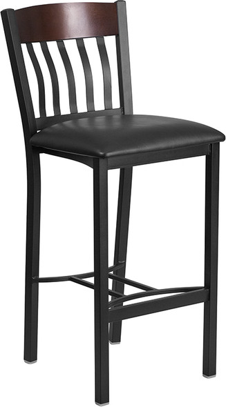 Eclipse Series Vertical Back Black Metal and Walnut Wood Restaurant Barstool with Black Vinyl Seat