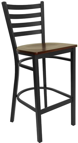 TYCOON Series Black Ladder Back Metal Restaurant Barstool - Mahogany Wood Seat