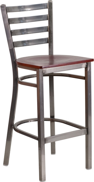 TYCOON Series Clear Coated Ladder Back Metal Restaurant Barstool - Mahogany Wood Seat