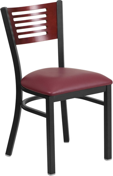 TYCOON Series Black Slat Back Metal Restaurant Chair - Mahogany Wood Back, Burgundy Vinyl Seat