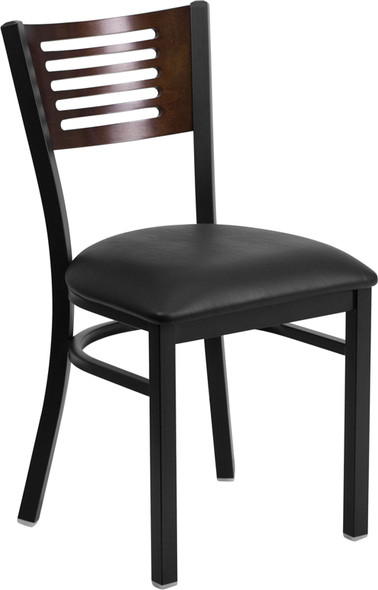 TYCOON Series Black Slat Back Metal Restaurant Chair - Walnut Wood Back, Black Vinyl Seat