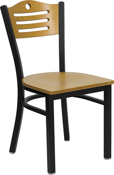 TYCOON Series Black Slat Back Metal Restaurant Chair - Natural Wood Back & Seat